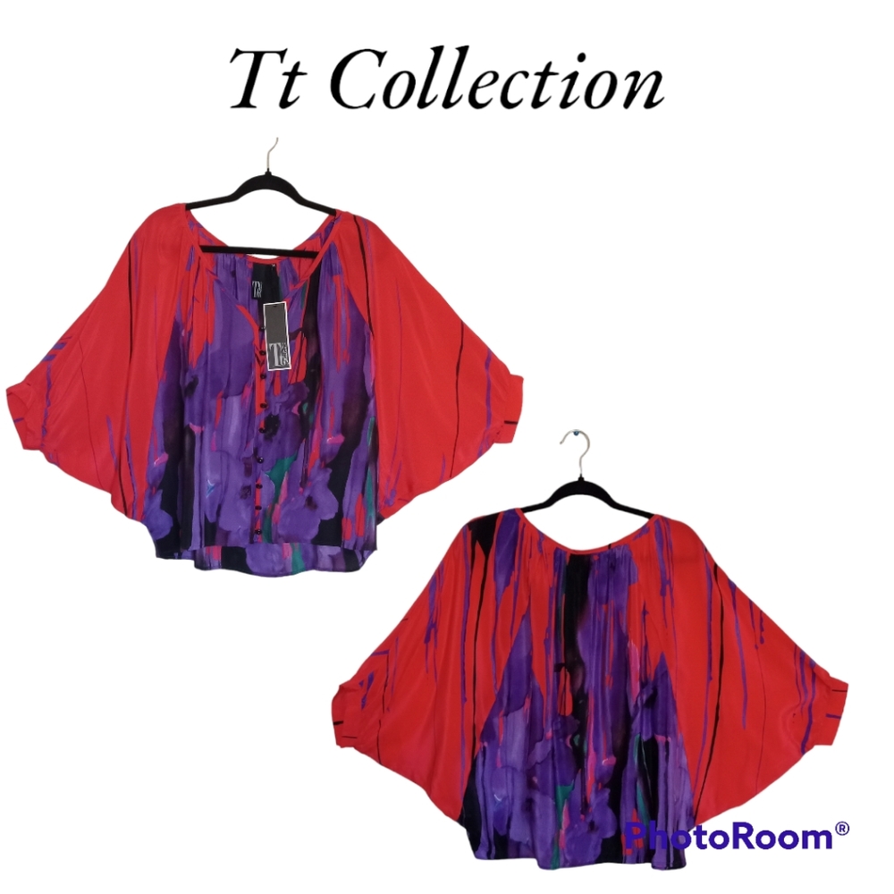 Tt Collection Multicolored Button Down 100% Silk Blouse Size M NWT
